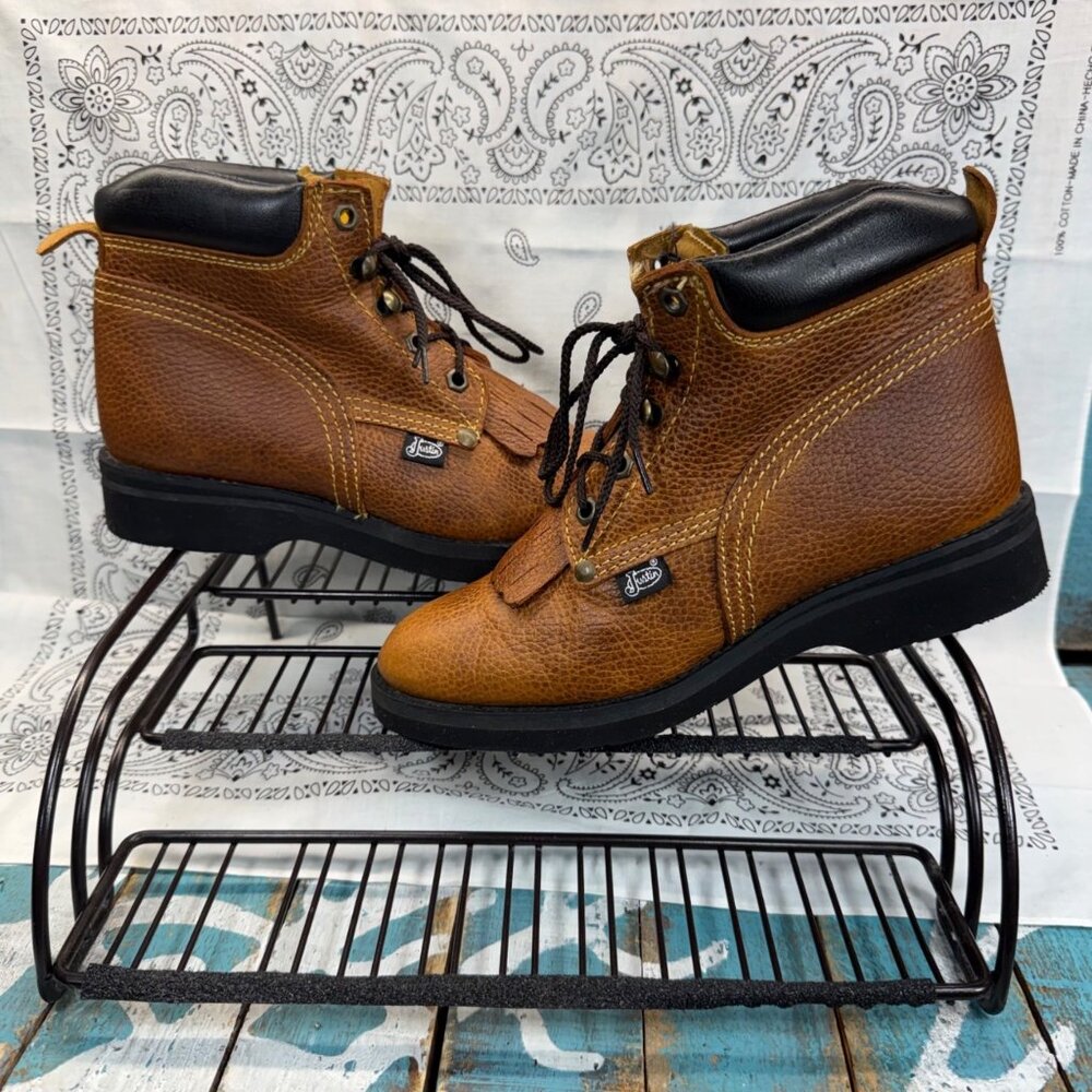 Justin Original Work Boots Brown Leather Kids Size 3D/Womans 4.5 Lace Up EUC